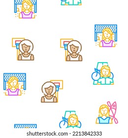 female sport woman exercise vector seamless pattern thin line illustration