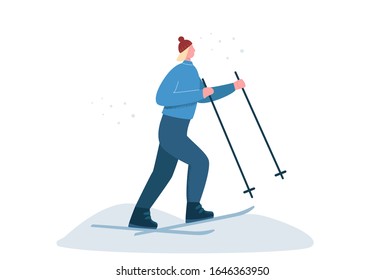 Female in sports winter clothing skiing on snow isolated on white background. Cartoon woman enjoying outdoor ski activity surrounded by snowflakes vector flat illustration