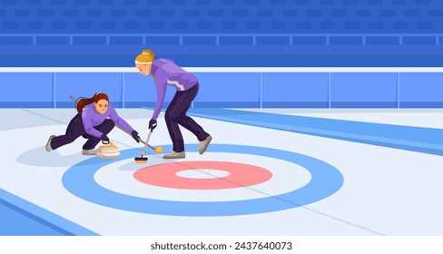 Female sportsman training to play curling in special ice arena. Red and blue markings on the ice. No spectators. Concept of hard work to win. Vector illustration