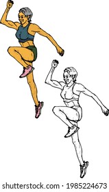 Female sportswoman jumping straight up enthusiastically. Hand drawn vector illustration.