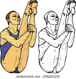 Female springboard diver tuck in her legs for a pike maneuver, isolated against white. Hand drawn vector illustration.