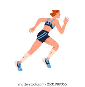 Corredor femenino corriendo rápido. Mujer atleta, corredor activo corriendo. Entrenamiento cardiovascular, resistencia. Chica deportiva, entrenamiento físico, ejercicio. Ilustración vectorial plana aislada sobre fondo blanco