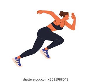 Corredor femenino que corre a alta velocidad. Corredor de mujer, atleta, sprinting, jogging, entrenamiento. Ejercicio de jogger activo saludable, ejercicio deportivo. Ilustración vectorial plana aislada sobre fondo blanco