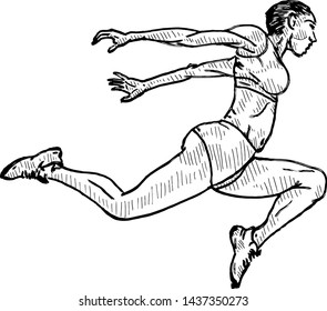 A female sprinter stretch to cross the finishing line. Hand drawn vector illustration. 