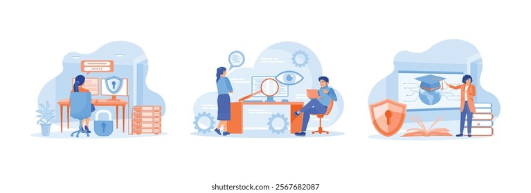 Female staff accessing cyber security services. Protect personal data from fraud. Conduct cyber training in the work space. Cyber ​​security concept. Set flat vector illustration.