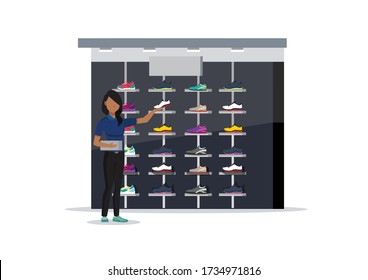 Female staff arranging shoes on the rack on sport store. Shoes, sport, and store. Vector Flat Illustration