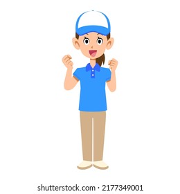 A female staff member wearing a short-sleeved polo shirt and a hat is highly motivated.