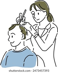 Female staff performing hair augmentation on men hand drawing illustration