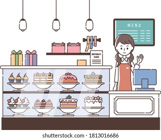 Female staff serving customers at a cake shop