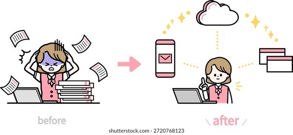 Personal femenino que resuelve problemas a través de la mejora de la eficiencia operativa. Ilustración de diseño plano simple.