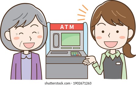 Female staff teaching older women how to use ATMs