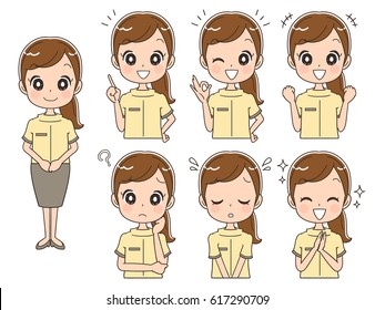 Female staff with various facial expressions