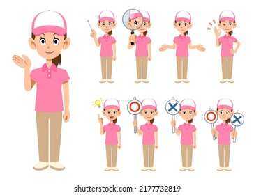 Female Staff Wearing Pink Short-sleeved Polo Shirts And Hats 9 Different Facial Expressions And Poses 2