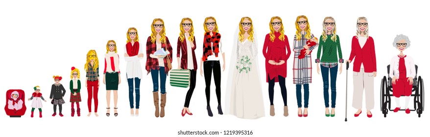 Female stages of growth in Christmas outfits. Including a baby, a child, a teenager, an adult, college student, business woman, casual woman, bride, pregnant woman, mom with baby,an elderly women.