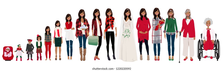 Female stages of growth in Christmas outfits. Including a baby, a child, a teenager, an adult, college student, business woman, casual woman, bride, pregnant woman, mom with baby, an elderly women.