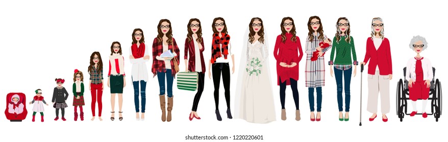 Female stages of growth in Christmas outfits. Including a baby, a child, a teenager, an adult, college student, business woman, casual woman, bride, pregnant woman, mom with baby,an elderly women.
