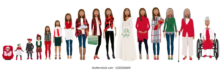 Female stages of growth in Christmas outfits. Including a baby, a child, a teenager, an adult, college student, business woman, casual woman, bride, pregnant woman, mom with baby,an elderly women.