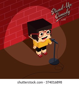 Female Stand Up Comedy - Isometric Block Cartoon