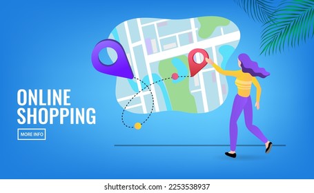 Female Stand at Huge Paper Map with Gps Pin Finding Correct Way in Big City. Geolocation Positioning. woman point using a map location. Cartoon Vector Illustration.