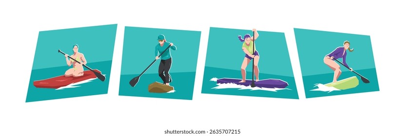 Female stand up paddle boarding athlete character illustration set. SUP, water sport, race. Flat vector cartoon style.