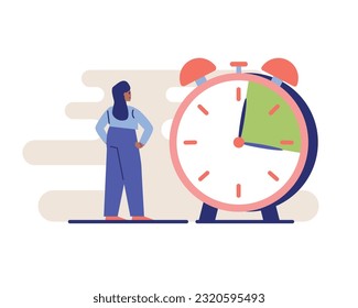 Female standing near big clock and looking at time. Successfully time management concept. Counting time and waiting for events. Flat vector illustration in blue and red colors