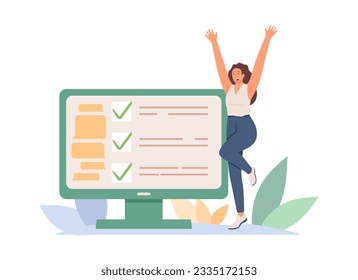 Female standing near big screen and check finished tasks. Successful completion of project, conclusion of profitable agreement. Job development, promotion. Success at work. Flat vector illustration