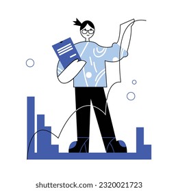 Female standing near chart, holding part of diagram. Good business process. Lady doing different tasks at work. Time management efficiency. Flat vector illustration in blue colors