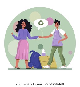 Female standing near man and teaching him to sort waste. Recycling of plastic, paper and organic waste concept. Flat vector illustration in green colors in cartoon style