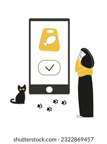 Female standing near mobile screen and ordering food for cat online via mobile app from pet store. Cat standing near phone screen, looking at production. Vector illustration in black, yellow colors