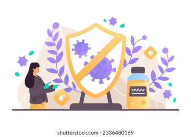 Female standing near symbol of virus protection. Concept of boosting immune system. Drug testing and manufacturing concept. Flat vector illustration in purple and yellow colors