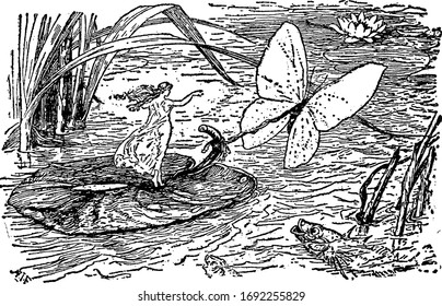 Ein Weibchen, das auf einem Blatt steht, das auf Wasser schwimmt und an Schmetterling gekleidetes Blatt, Vintage-Linien-Zeichnung oder Gradgrafik