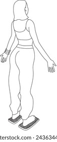 Female standing on needles vector outline illustration. Hand drawn woman standing on needle board, meditation yoga pose silhouette. Wellbeing illustration.