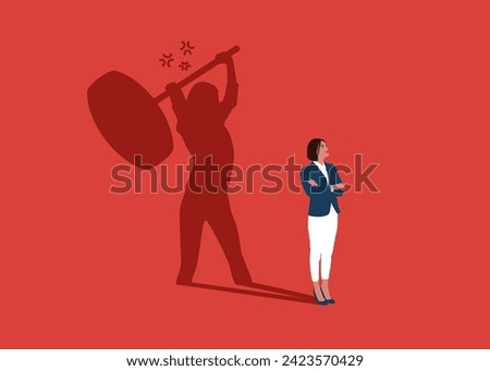 Female standing with shadow man uses sledgehammer and attack. Vector illustration