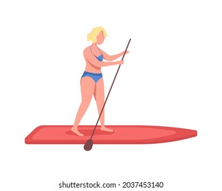 Female standing up with SUP paddle semi flat color vector character. Full body person on white. Recreation activity isolated modern cartoon style illustration for graphic design and animation