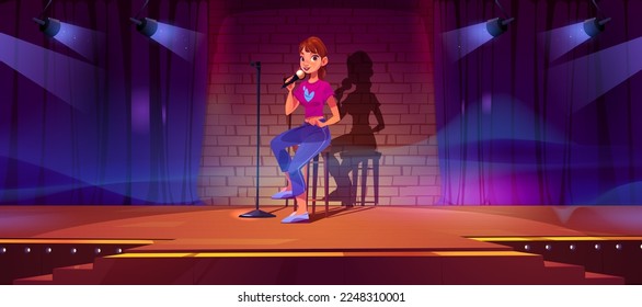 Personaje humorista cantando en el escenario. Dibujo vectorial de una joven sentada en un taburete de madera, hablando con micrófono, entreteniendo a la audiencia en la discoteca. Programa de comedia