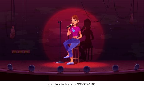 Personaje humorista cantando en el escenario. Dibujo vectorial de una joven sentada en un taburete de madera, hablando con micrófono, entreteniendo a la audiencia en la discoteca. Programa de comedia