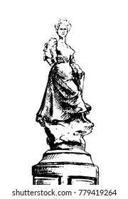 Female statue isolated sketch hand drawn. Woman old sculpture in town ink artwork on paper. Girl figure drawing with a pen. Draft picture. Vector illustration. Black and white image.