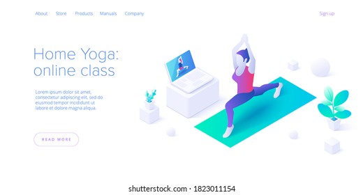 Female staying home. Yoga online class in pilates pose in isometric vector design. Concept for wellness or healthy lifestyle with woman exercising in lotus position. Web banner layout.