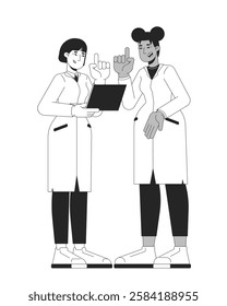 Female STEM scientists collaborating on research linear illustration. Two diverse women in lab coats discussing data on laptop 2D line characters isolated on white. Monochrome vector outline image