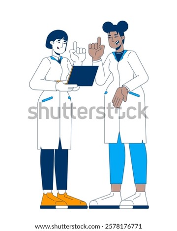 Female STEM scientists collaborating on research cartoon flat illustration. Two diverse women in lab coats discussing data on laptop 2D characters isolated on white background. Vector colorful image
