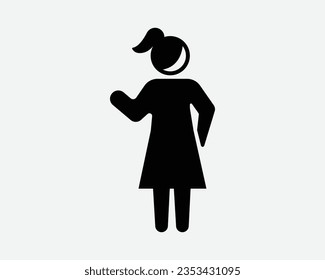 Female Stick Figure Woman Lady Girl Wave Waving Raise Hand Arm Gesture Greeting Hi Bye Hello Goodbye Standing Posture Icon Black Vector Sign Symbol