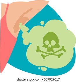 Female stinky armpit. Deadly smell. Green cloud with skull and crossbones. Stink aroma. Sweat stain. Isolated symbol. On aquamarine background.