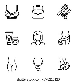Female stock, female care products vector icon set