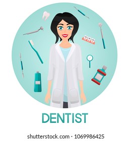 Female stomatology medical worker on round background with dental care instruments and tools. Vector illustration with doctor. Dentist design