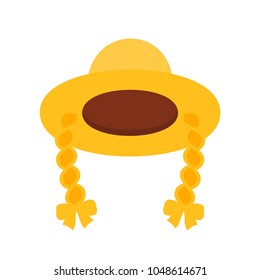 Female straw hat with braid in cartoon style. Farmer summer straw hat, traditional carnival cap isolated on white background. Vector