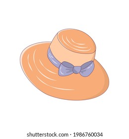 Female straw hat icon with blue bow isolated on background. Vector illustration in cartoon style. Elegant summer accessory,womans hat