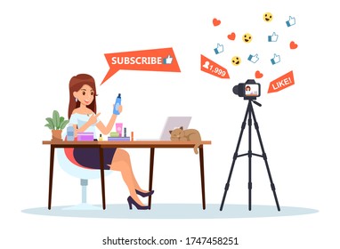 Female streaming creator content beauty video bloggers at home. Vlogger making cosmetics, hair, makeup, skincare content. Famous creative influencers. Vector illustration flat design for banner, and w