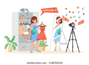 Female streaming creator content Fashion video bloggers at home. Vlogger making clothing, dress, online shopping content. Famous creative fashion influencers. Vector illustration flat design.