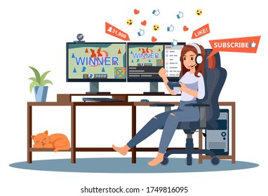 Female streaming creator content at home. Vlogger making an action video game, walkthrough online content. Famous creative influencers. Vector illustration flat design for banner, and website.