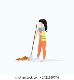 female street cleaner holding rake woman sweeping lawn cleaning leaves city streets service concept full length flat white background